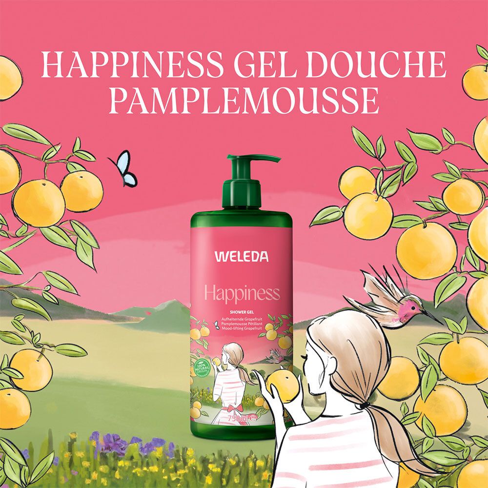 Publicité pour WELEDA Happiness Gel Douche. Dessin d'une femme et branches de pamplemousses.