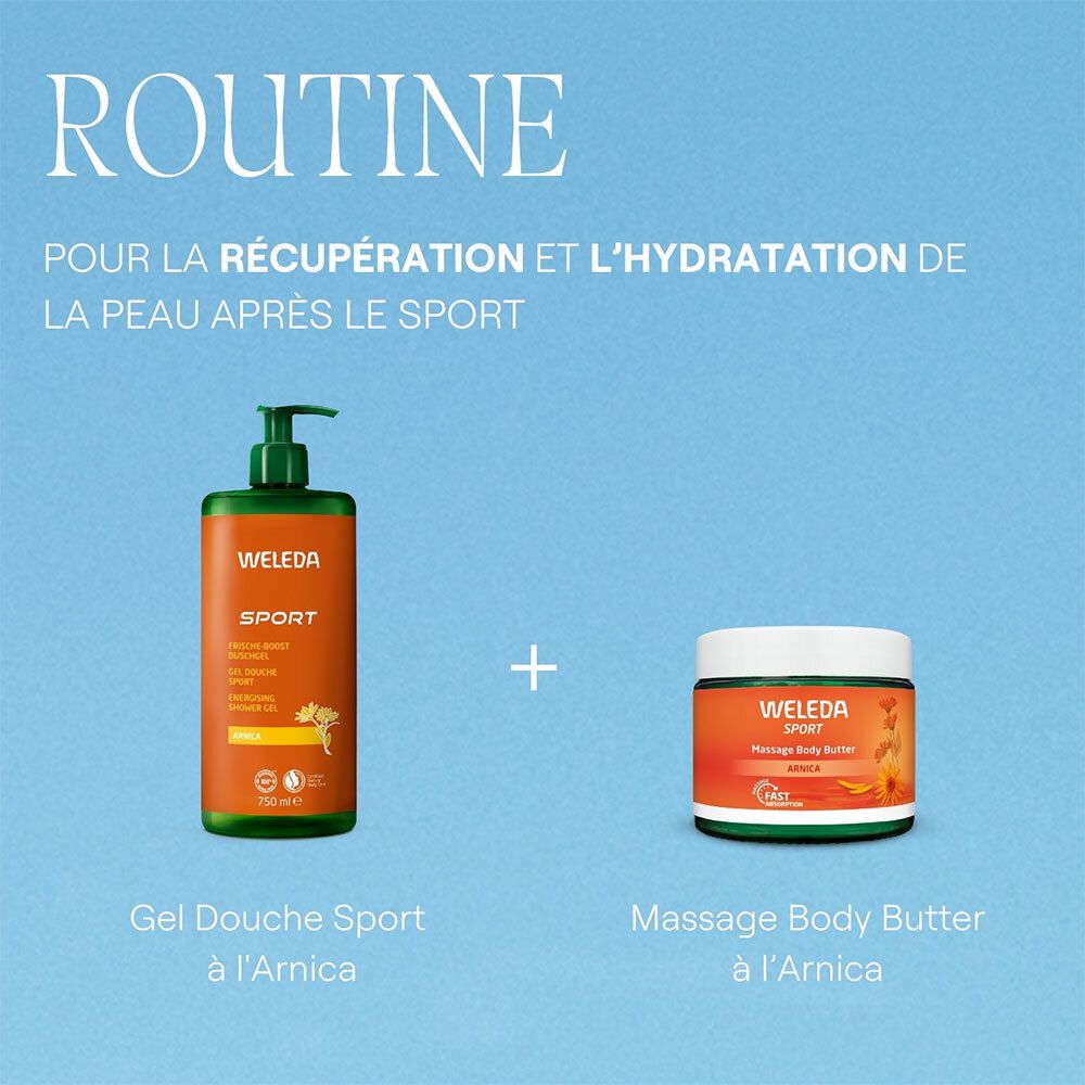 Duo de produits: Gel douche Sport Weleda et Massage Body Butter. Fond bleu.