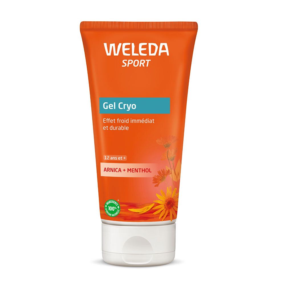 Tube orange avec bouchon blanc. Inscription: WELEDA SPORT, Gel Cryo, Arnica + Menthol. Sceau vert: 100%.