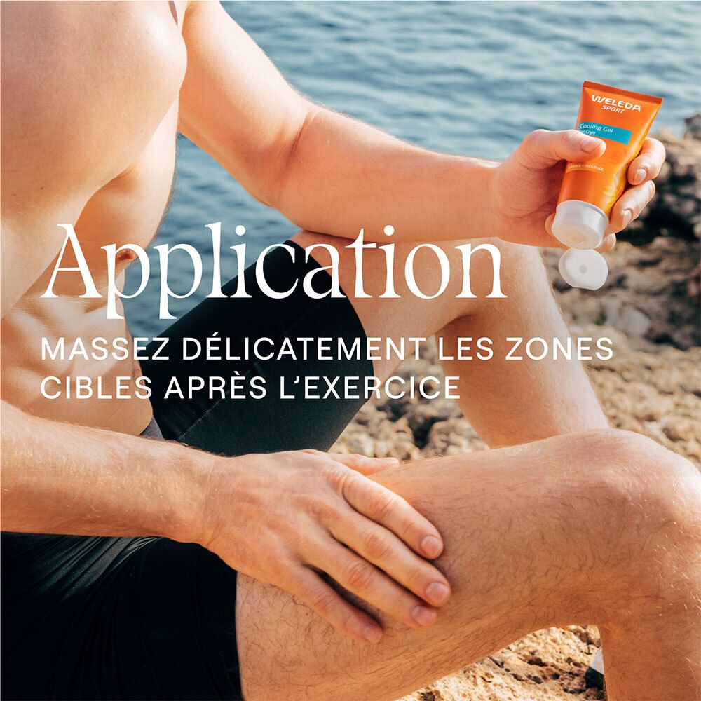 Personne massant une jambe. Texte: Application, Massez délicatement les zones cibles après l'exercice.