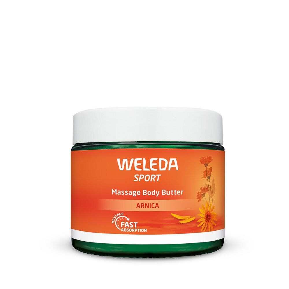 Beurre corporel de massage Weleda Sport, Arnica. Pot orange avec couvercle blanc. Étiquette orange avec informations sur le produit.