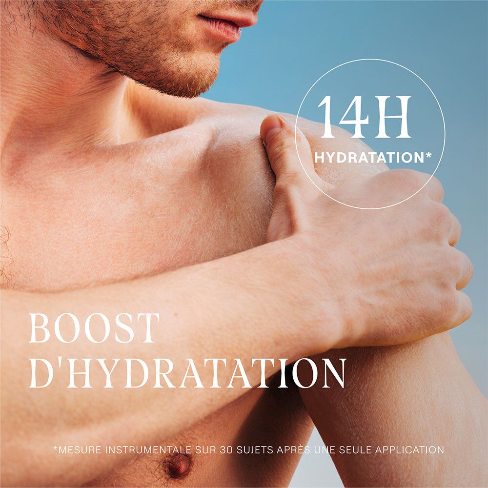 Gros plan d'un homme avec texte: Boost d'Hydratation. Texte: 14H Hydratation. Note sur la mesure instrumentale.