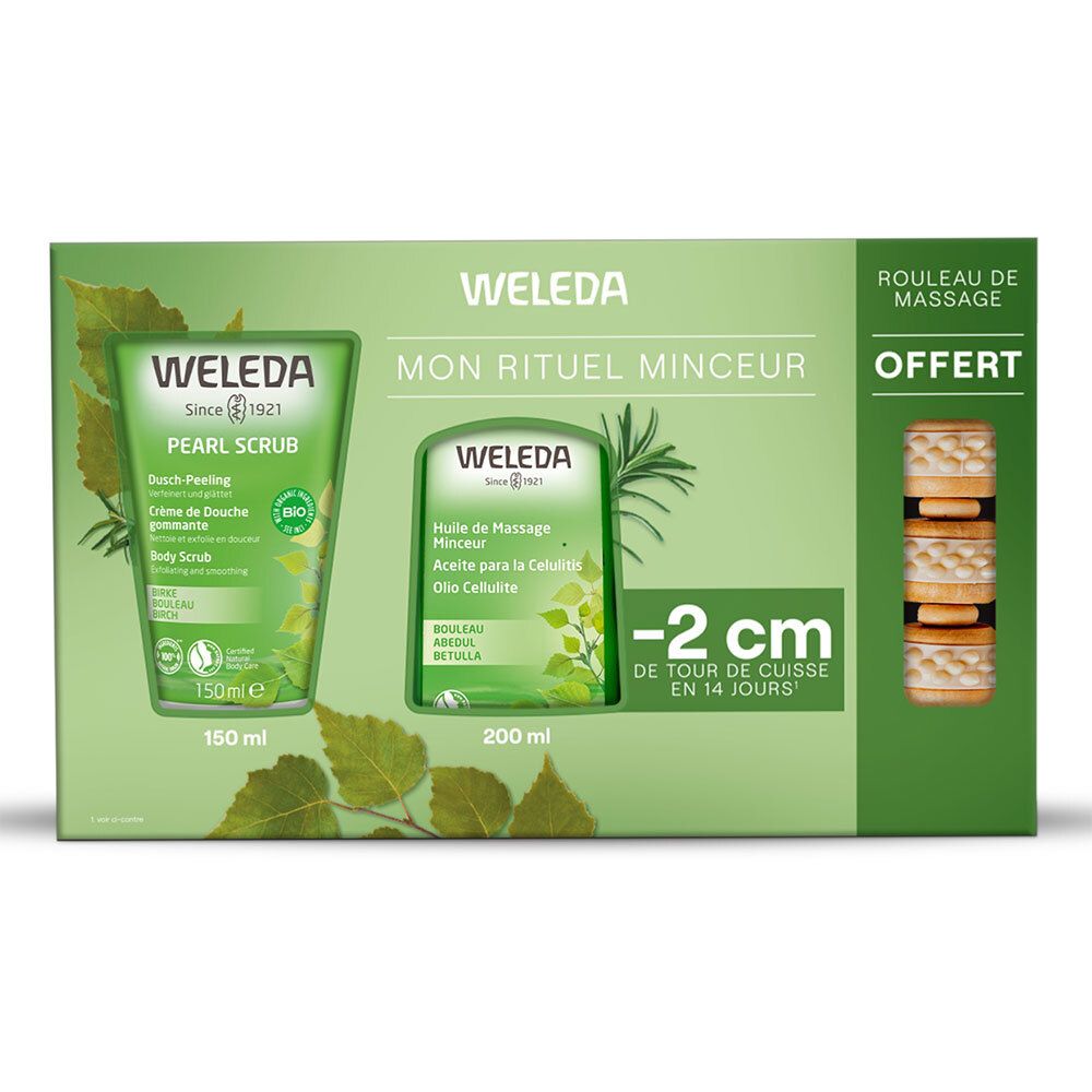 Coffret cadeau WELEDA. Contient gommage, huile de massage et rouleau. Emballage vert avec texte blanc.