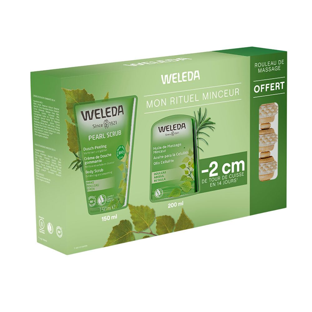 Coffret cadeau WELEDA. Emballage vert avec produits. Logo WELEDA visible. Rouleau de massage offert.