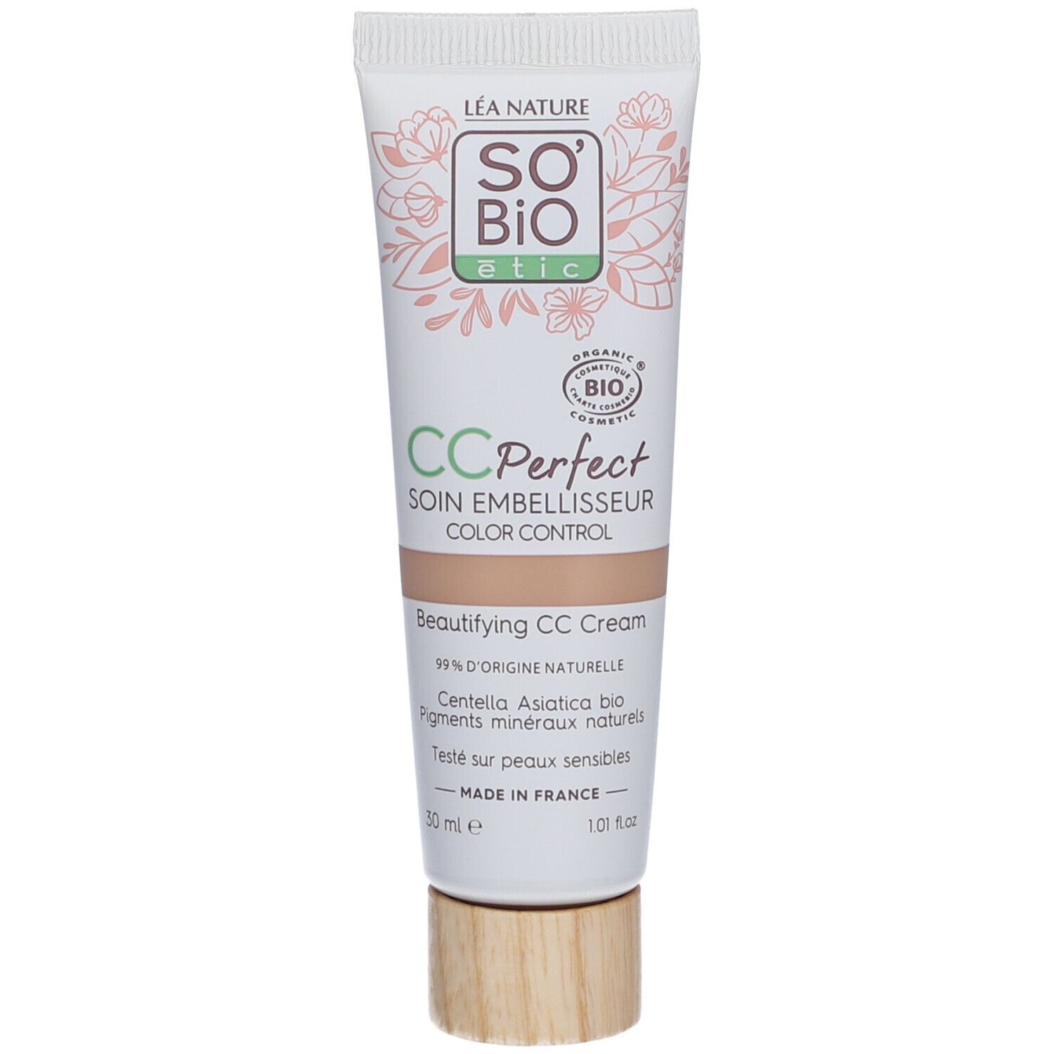 Tube de crème CC Perfect SO BIO ETIC, teinte Medium. Inscription et logo. Certification BIO.