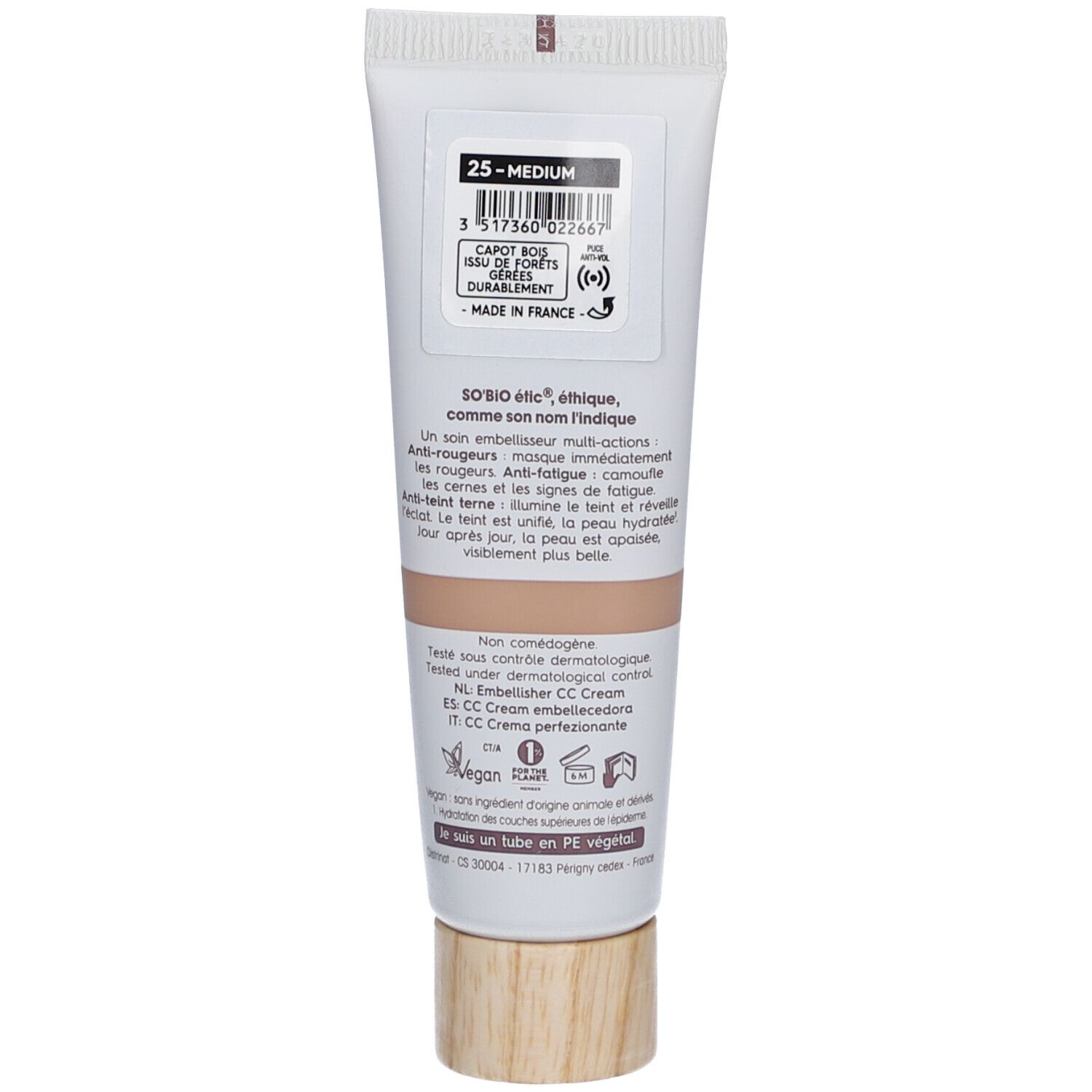 Dos du tube SO BIO ETIC CC Perfect, teinte Medium. Texte et code-barres. Logo Vegan.