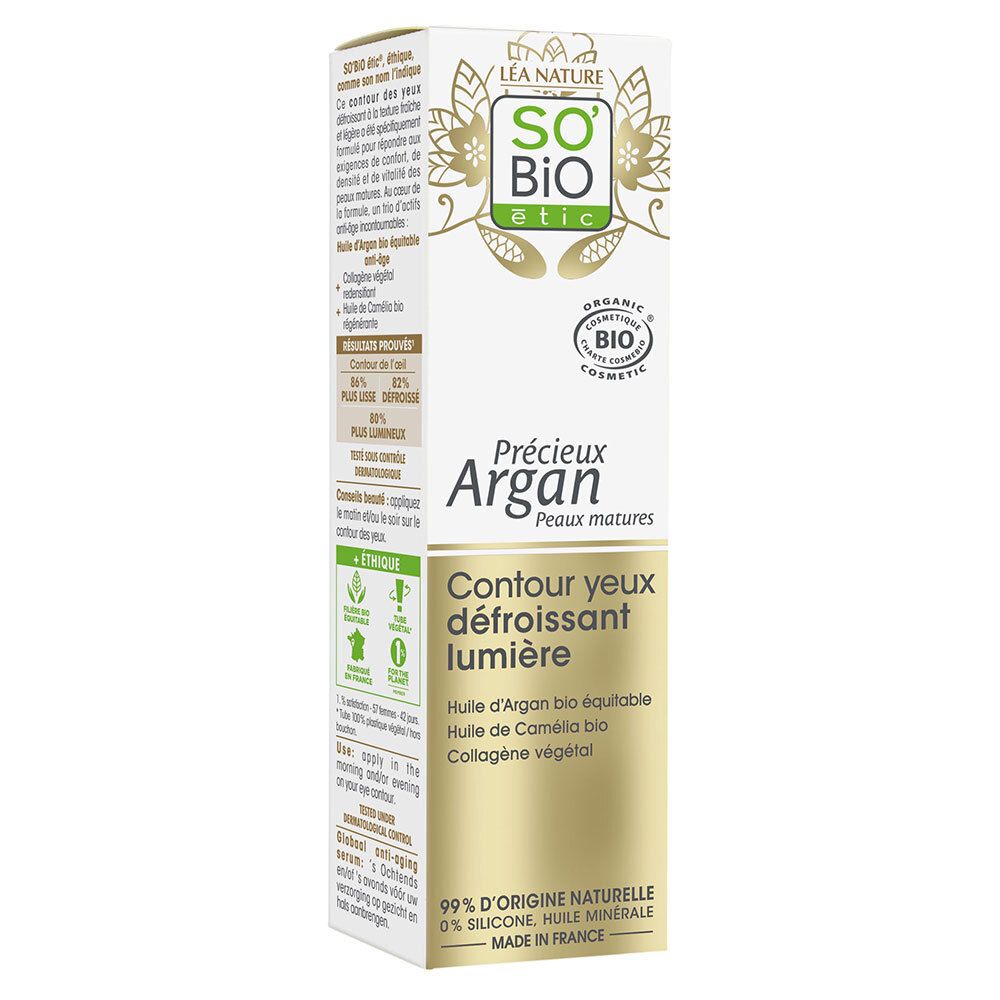 Emballage carton avec informations produit. Texte: SO BIO etic, Précieux Argan, Contour yeux défroissant lumière. Certification bio.