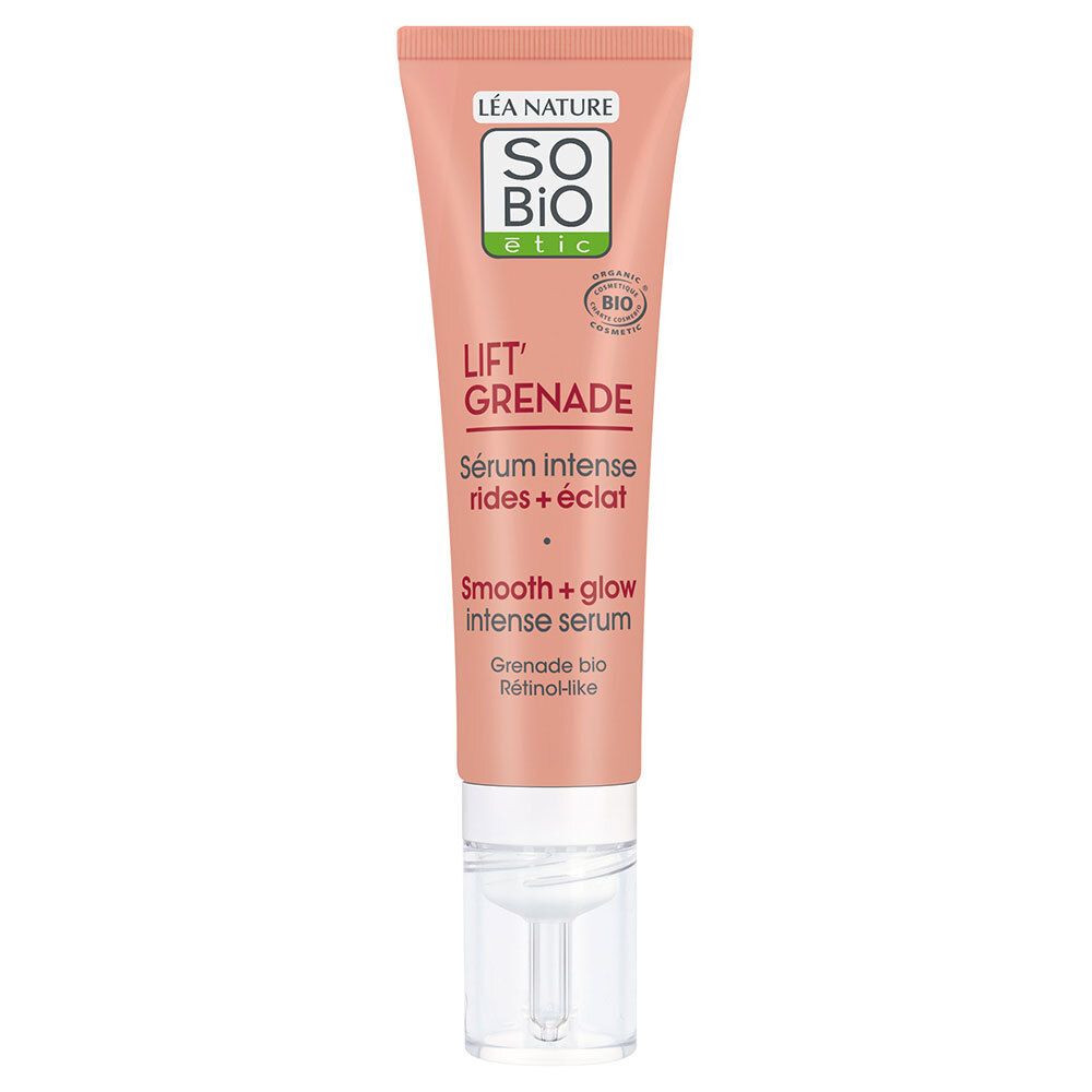 Tube rose avec applicateur blanc. Texte: SO BIO etic, Lift' Grenade, Sérum intense rides + éclat, Smooth + glow intense serum.