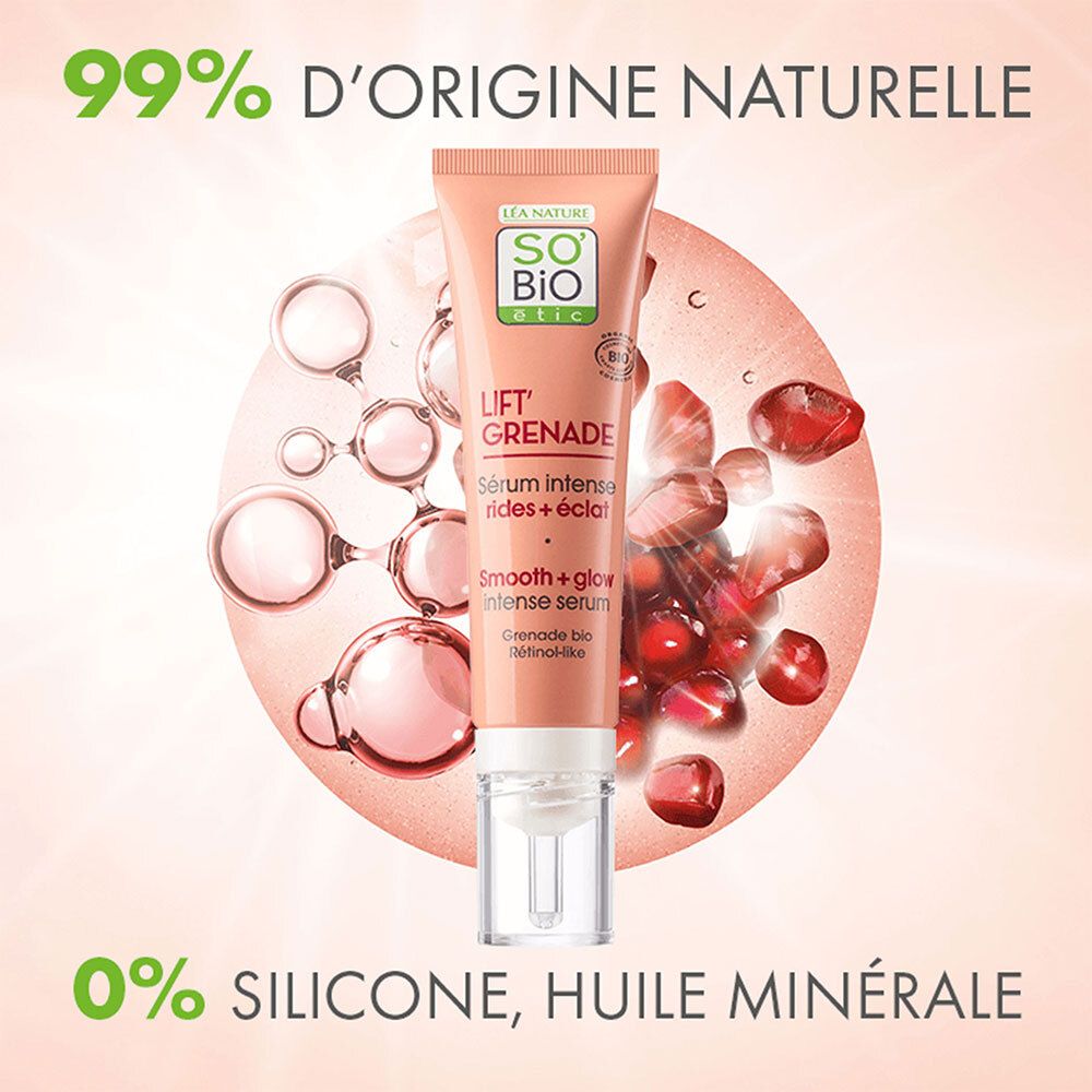 Fond rose avec produit. Texte: 99% d'origine naturelle, 0% silicone, huile minérale. Produit: Tube avec applicateur.