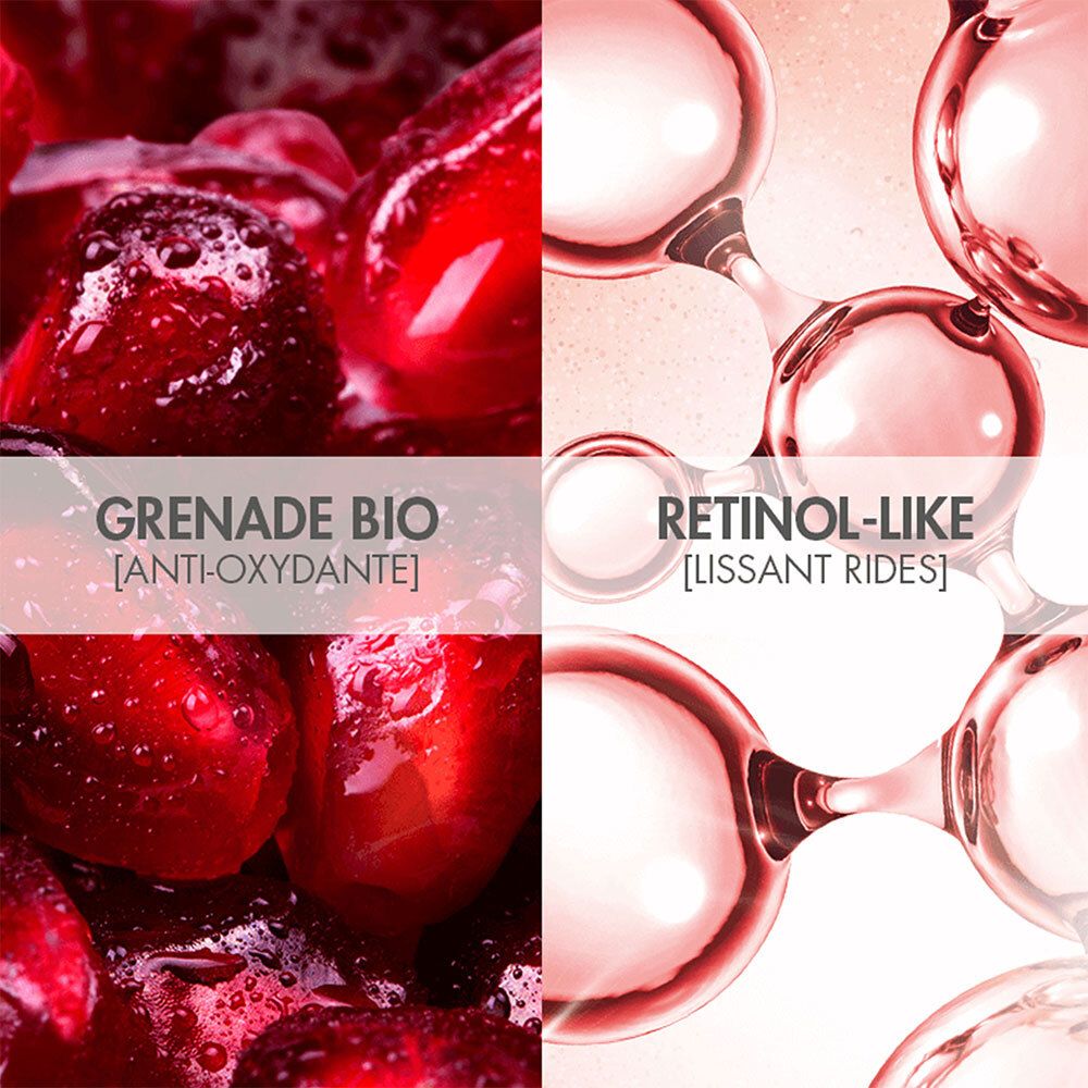 Gros plan de grenade et molécules. Texte: Grenade Bio, Retinol-like.