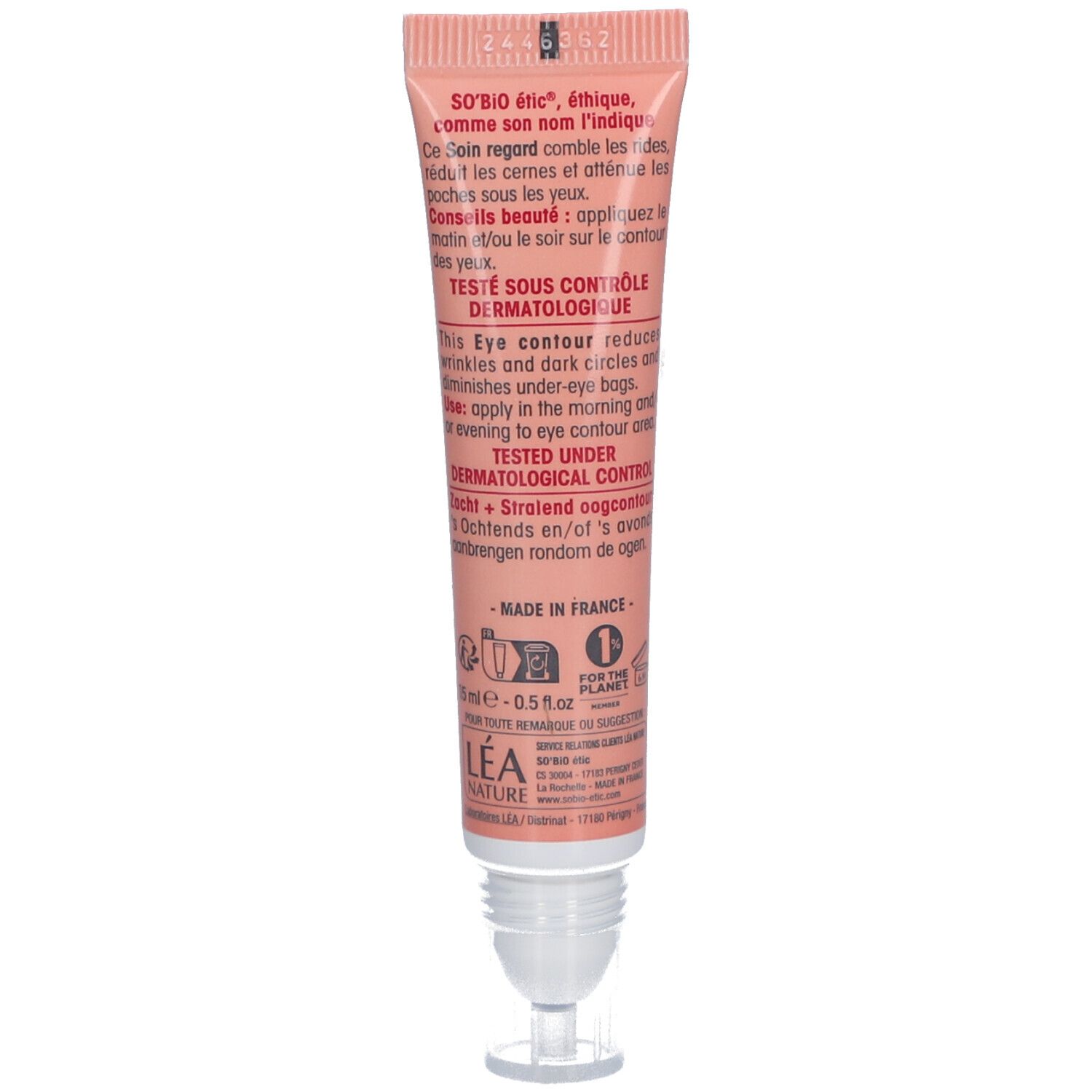 Dos du tube rose. Texte et logos, dont "TESTÉ SOUS CONTRÔLE DERMATOLOGIQUE" et "MADE IN FRANCE".