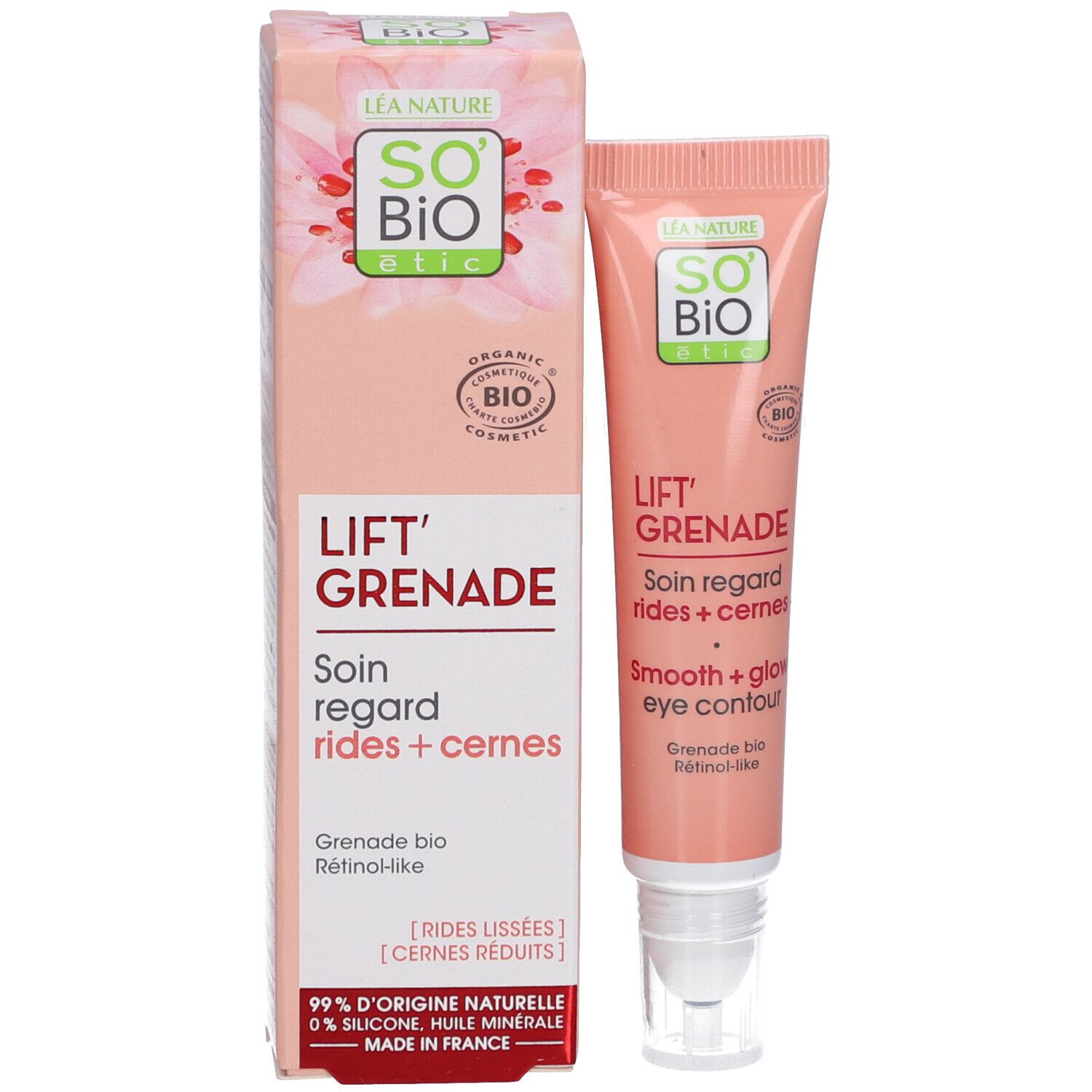 Emballage produit avec tube. Contient "SO BIO ETIC", "Lift'Grenade" et "Soin regard rides + cernes". Certification bio.