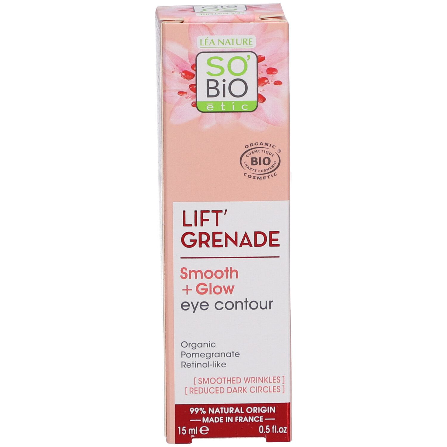 Emballage produit. Contient "SO BIO ETIC", "Lift'Grenade" et "Smooth + Glow eye contour". Certification bio.