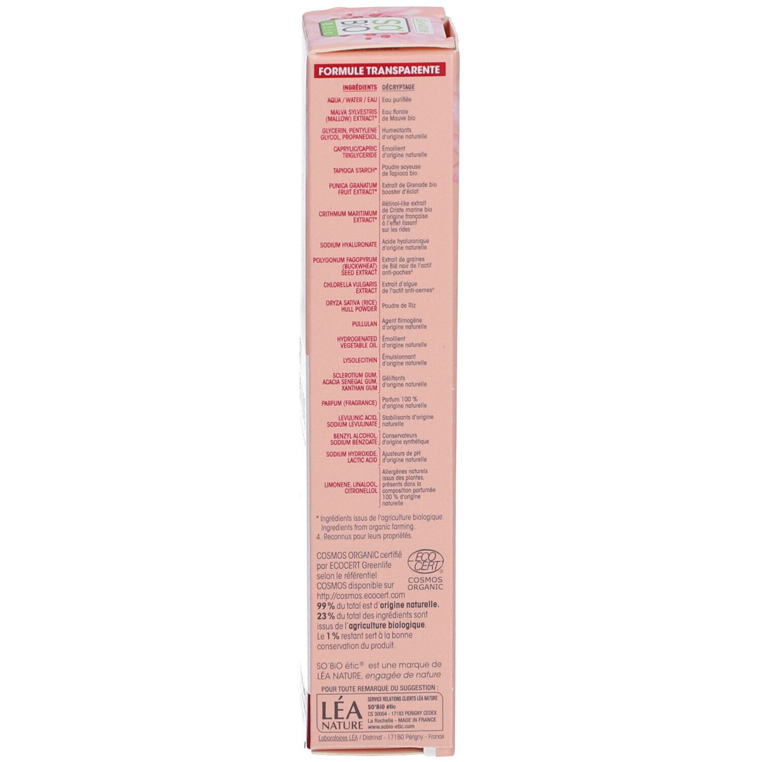 Emballage produit. Ingrédients, certification bio et texte sur la marque SO BIO ETIC.