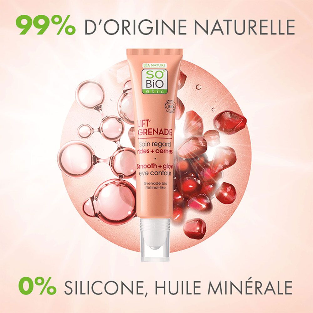 Tube devant fond rose avec illustrations grenade et molécules. Texte: 99% naturel, 0% silicone, huile minérale.