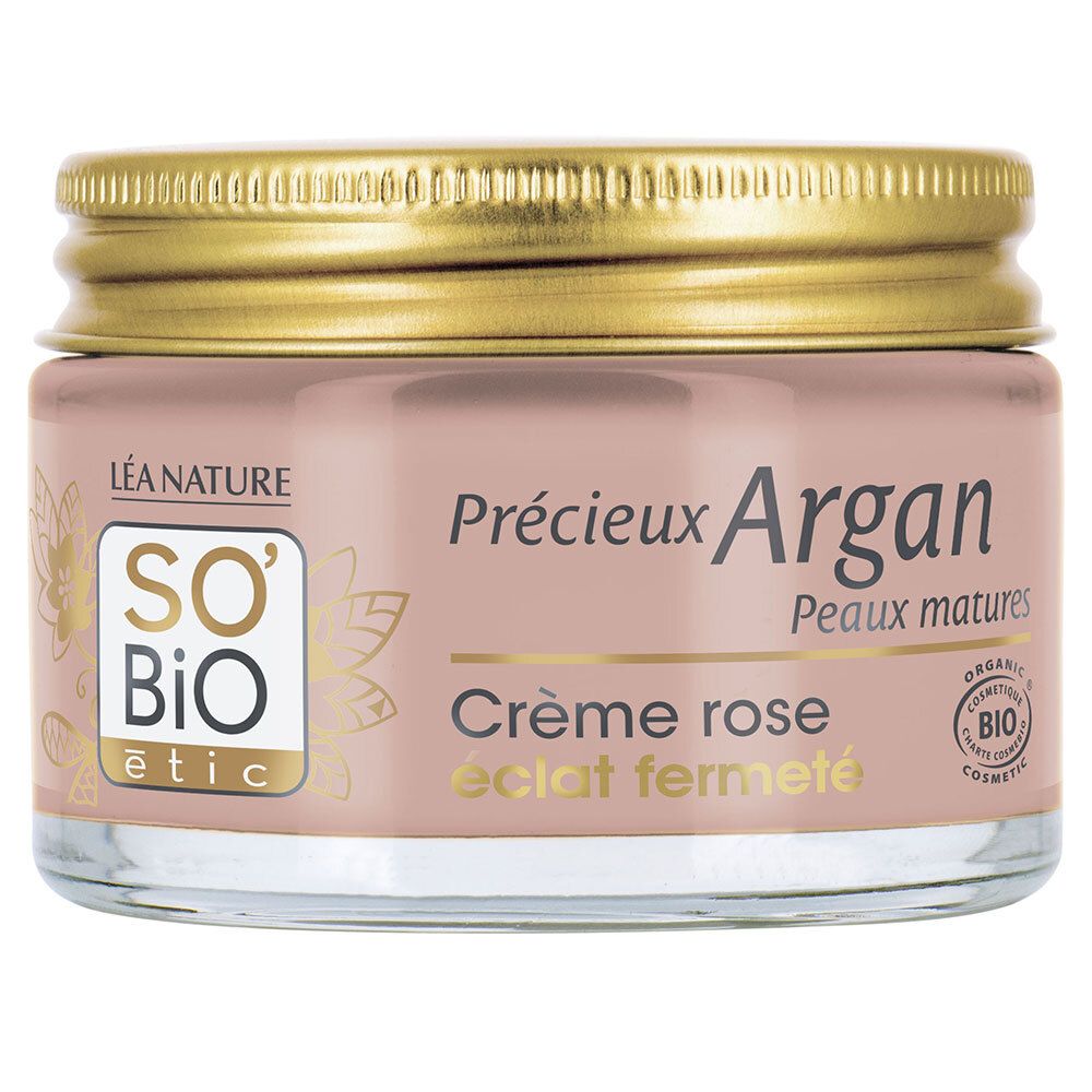 Pot de crème avec couvercle doré. Inscription: SO'BiO étic, Crème rose éclat fermeté. Certification bio.