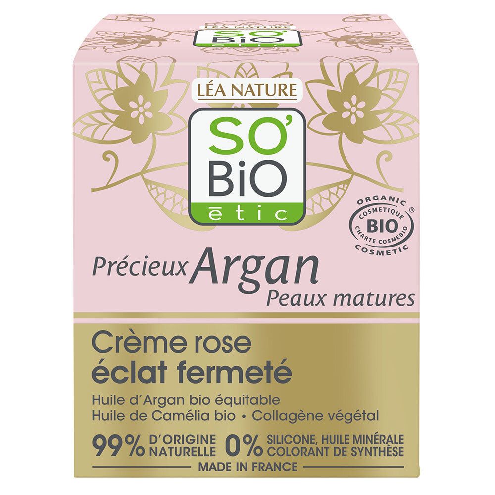 Emballage en carton rose. Inscription: SO'BiO étic, Crème rose éclat fermeté. Certification bio. Ingrédients.