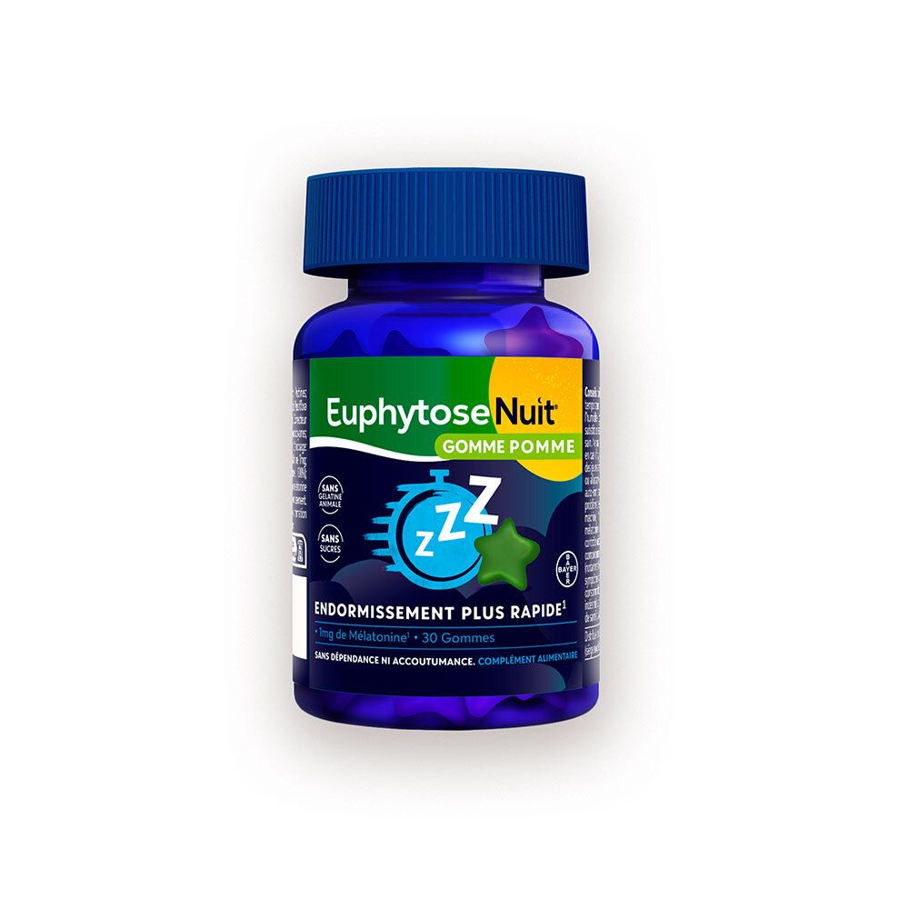Flacon bleu EuphytoseNuit Gummies. Goût pomme. 30 gommes. Endormissement plus rapide. Sans dépendance.