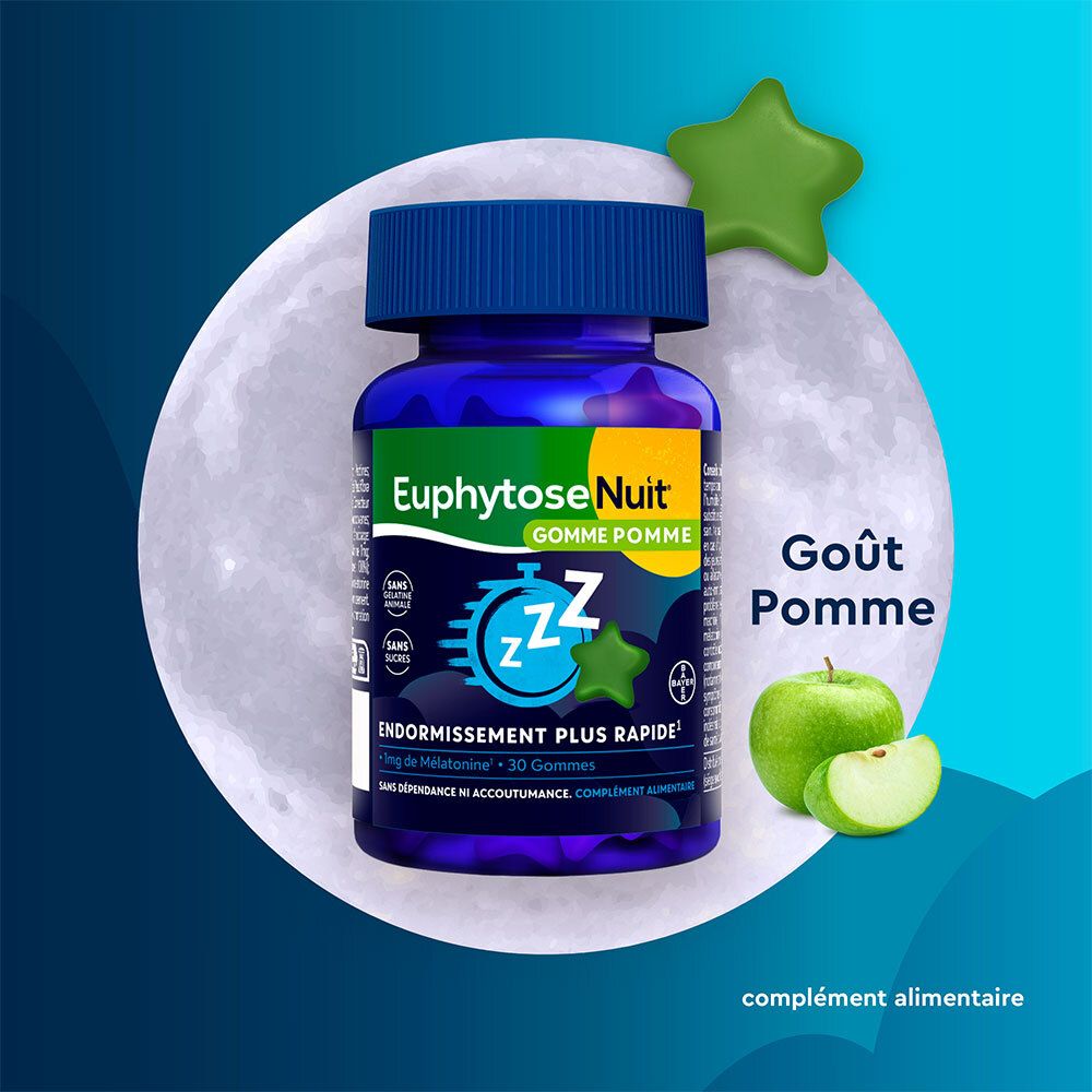 Flacon bleu EuphytoseNuit Gummies, pomme et lune. Goût Pomme. Endormissement plus rapide. Complément alimentaire.