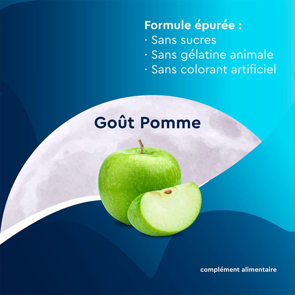 Pomme verte et tranche. Texte : Sans sucres, gélatine animale, colorant artificiel. Goût Pomme.