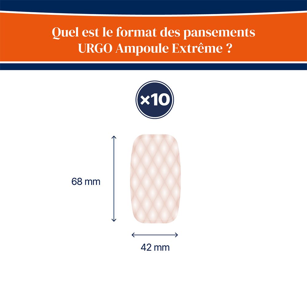 Pansement de 68 mm x 42 mm. Montre le paquet de x10 pansements.