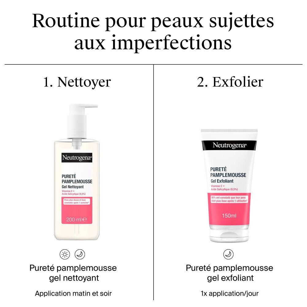 Routine de nettoyage et d'exfoliation pour peaux à imperfections.
