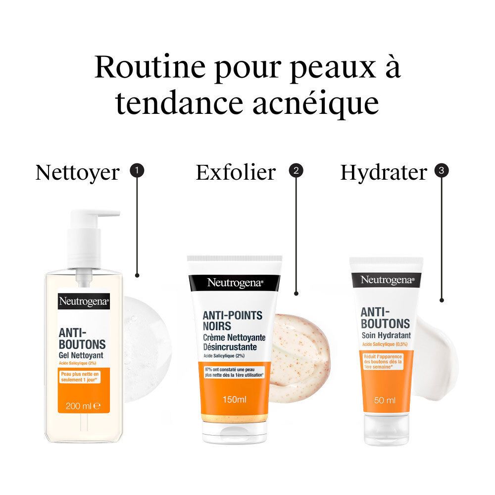 Routine de nettoyage, d'exfoliation et d'hydratation pour peaux à tendance acnéique.