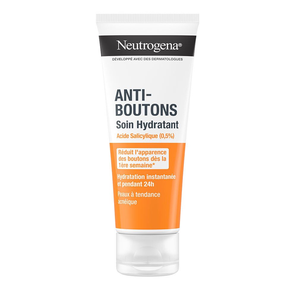 Tube blanc avec bouchon noir. Inscription: Neutrogena, Anti-Boutons Soin Hydratant. Contient de l'acide salicylique.