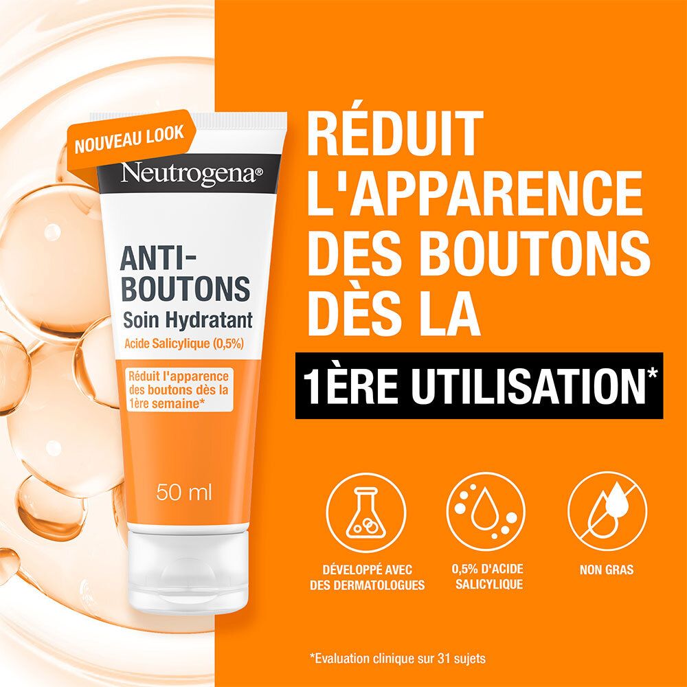 Produit avec texte: Réduit l'apparence des boutons dès la 1ère utilisation. 50 ml.