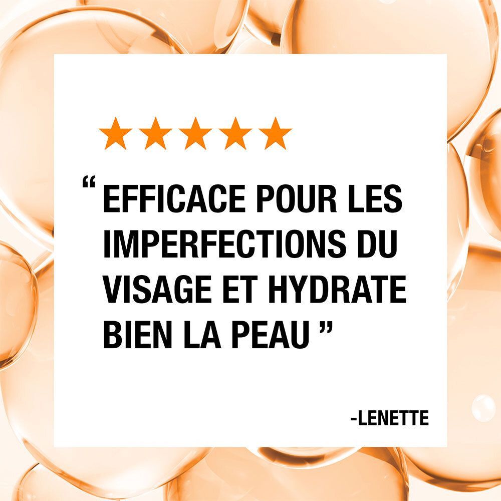 Évaluation cinq étoiles. Texte: Efficace pour les imperfections du visage et hydrate bien la peau.