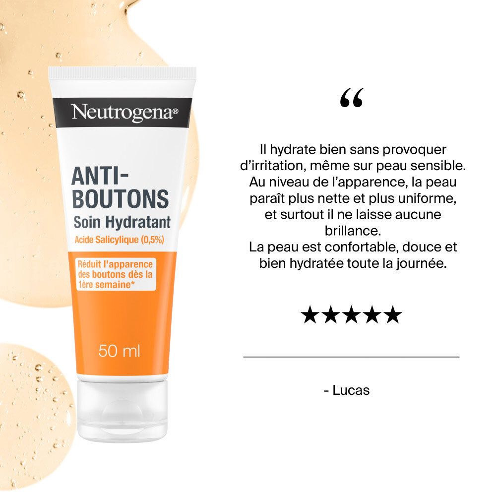Tube de crème hydratante Neutrogena Anti-Boutons à côté d'un témoignage sur ses effets.