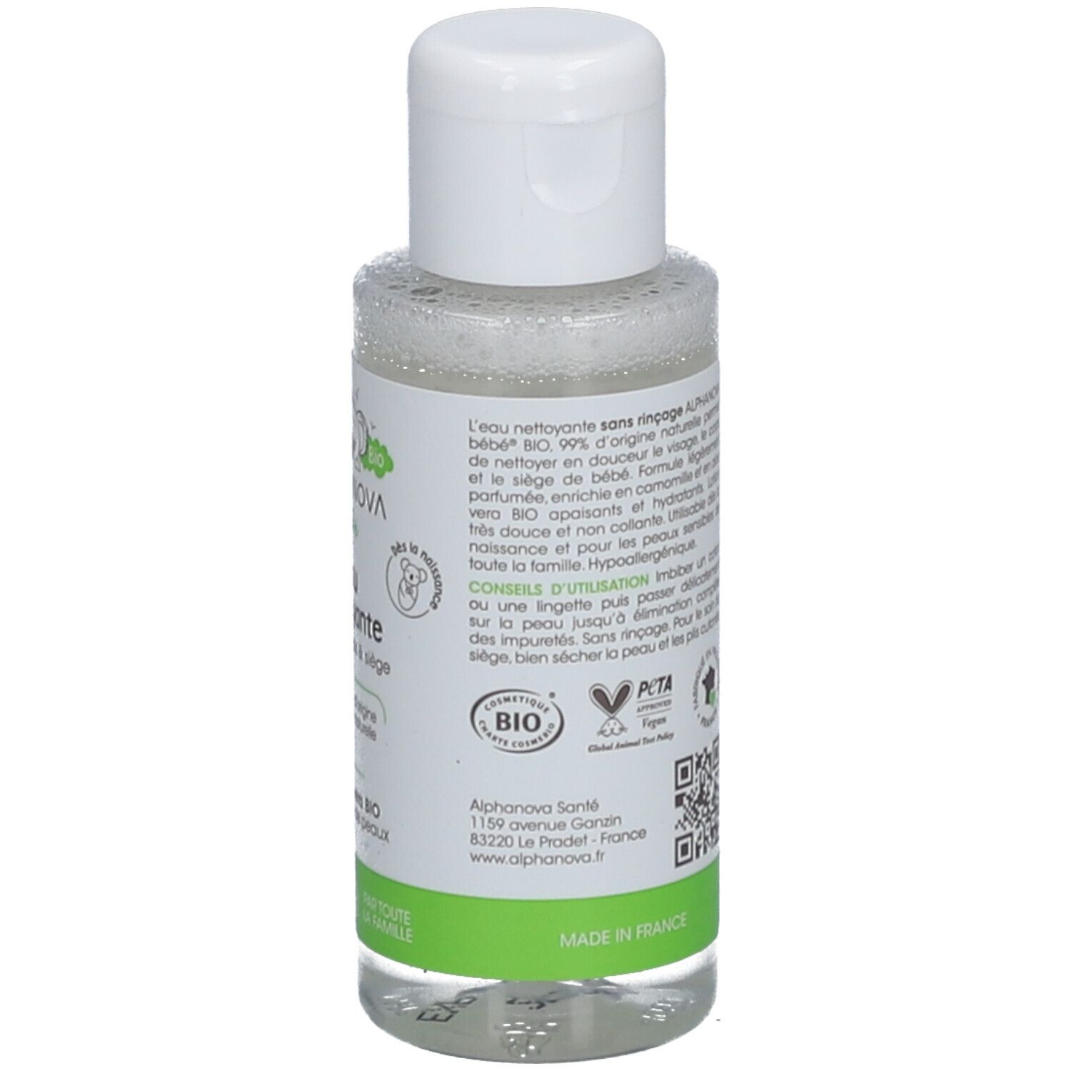Alphanova Bébé Eau nettoyante visage, corps et siège à l’aloe vera bio