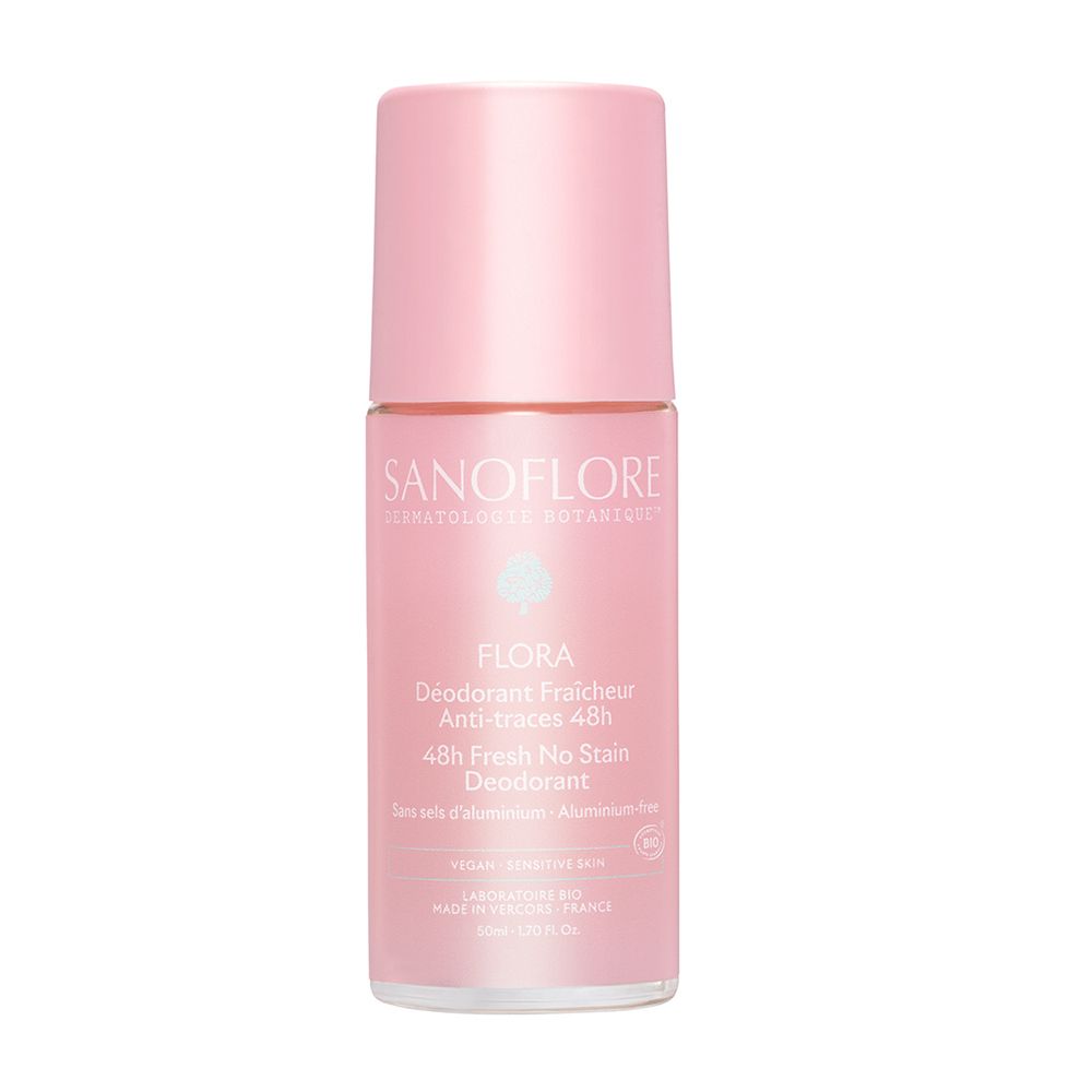 Déodorant roll-on rose. Marque SANOFLORE. Texte: FLORA, 48h, Anti-traces. Sans aluminium. Certification bio.