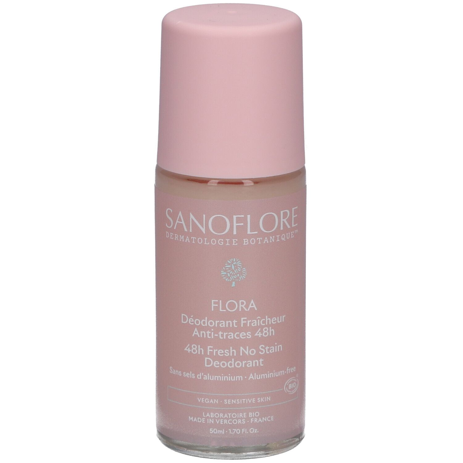 Déodorant roll-on rose. Inscriptions: SANOFLORE, FLORA, 48h Fresh No Stain. Vegan, peau sensible.