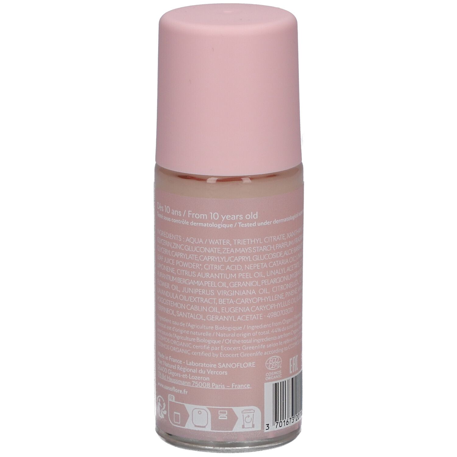 Dos du déodorant roll-on. Ingrédients et informations. Inscription: SANOFLORE. Pour enfants dès 10 ans.