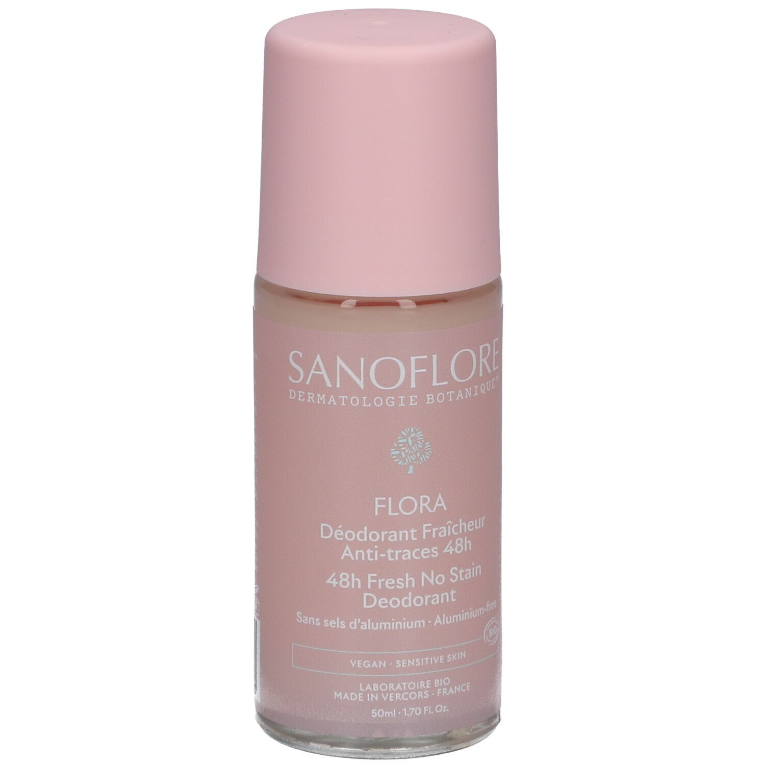 Déodorant roll-on rose. Inscriptions: SANOFLORE, FLORA, 48h Fresh No Stain. Vegan, peau sensible.