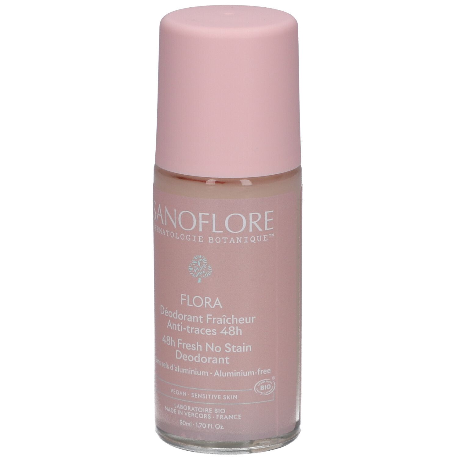 Déodorant roll-on rose. Inscriptions: SANOFLORE, FLORA, 48h Fresh No Stain. Vegan, peau sensible.