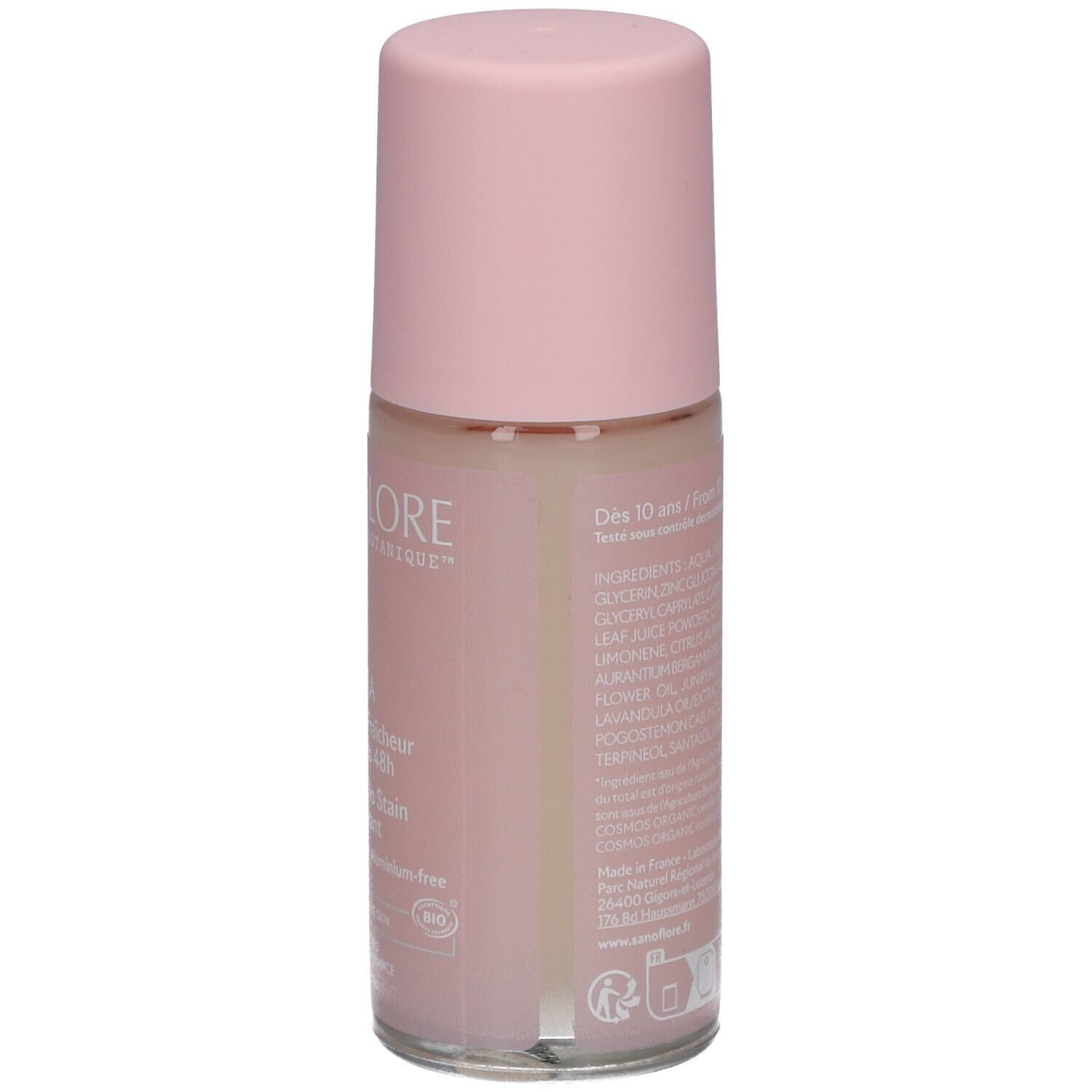 Dos du déodorant roll-on. Ingrédients et informations. Inscription: SANOFLORE. Pour enfants dès 10 ans.