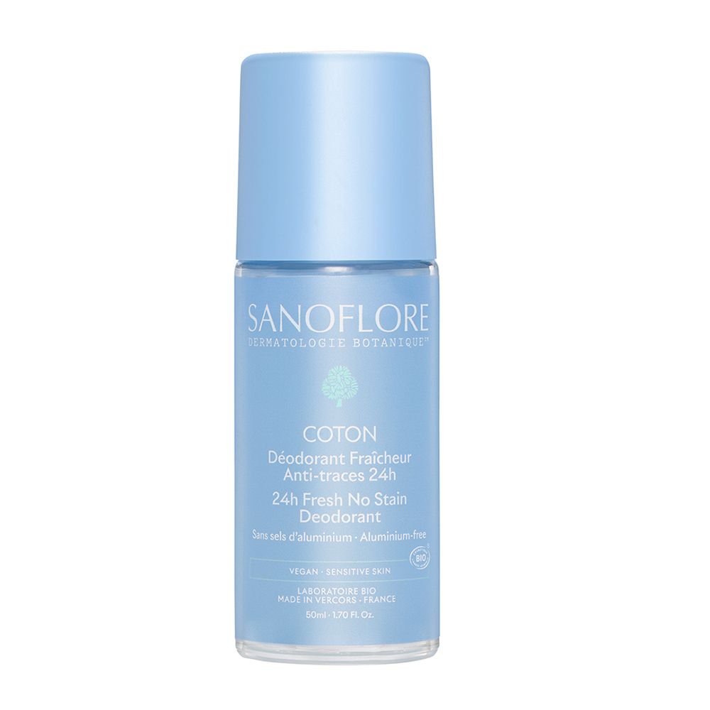 Roll-on déodorant bleu clair Sanoflore. Bouchon bleu. Texte: Coton, 24H Fresh No Stain Deodorant, sans sels d'aluminium.
