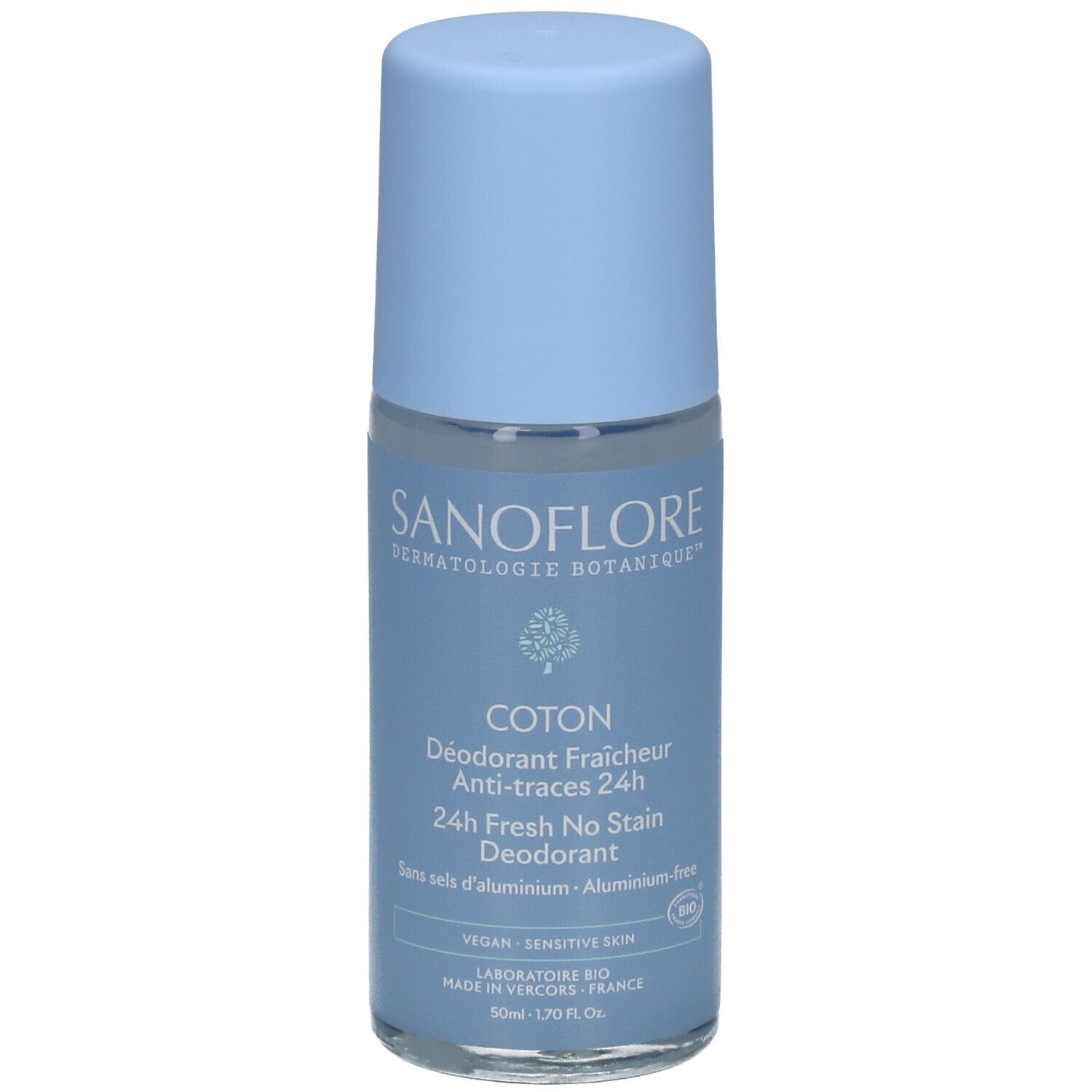 Déodorant roll-on bleu clair. Inscriptions: SANOFLORE, COTON, 24h Fresh No Stain Deodorant. Vegan, peau sensible.