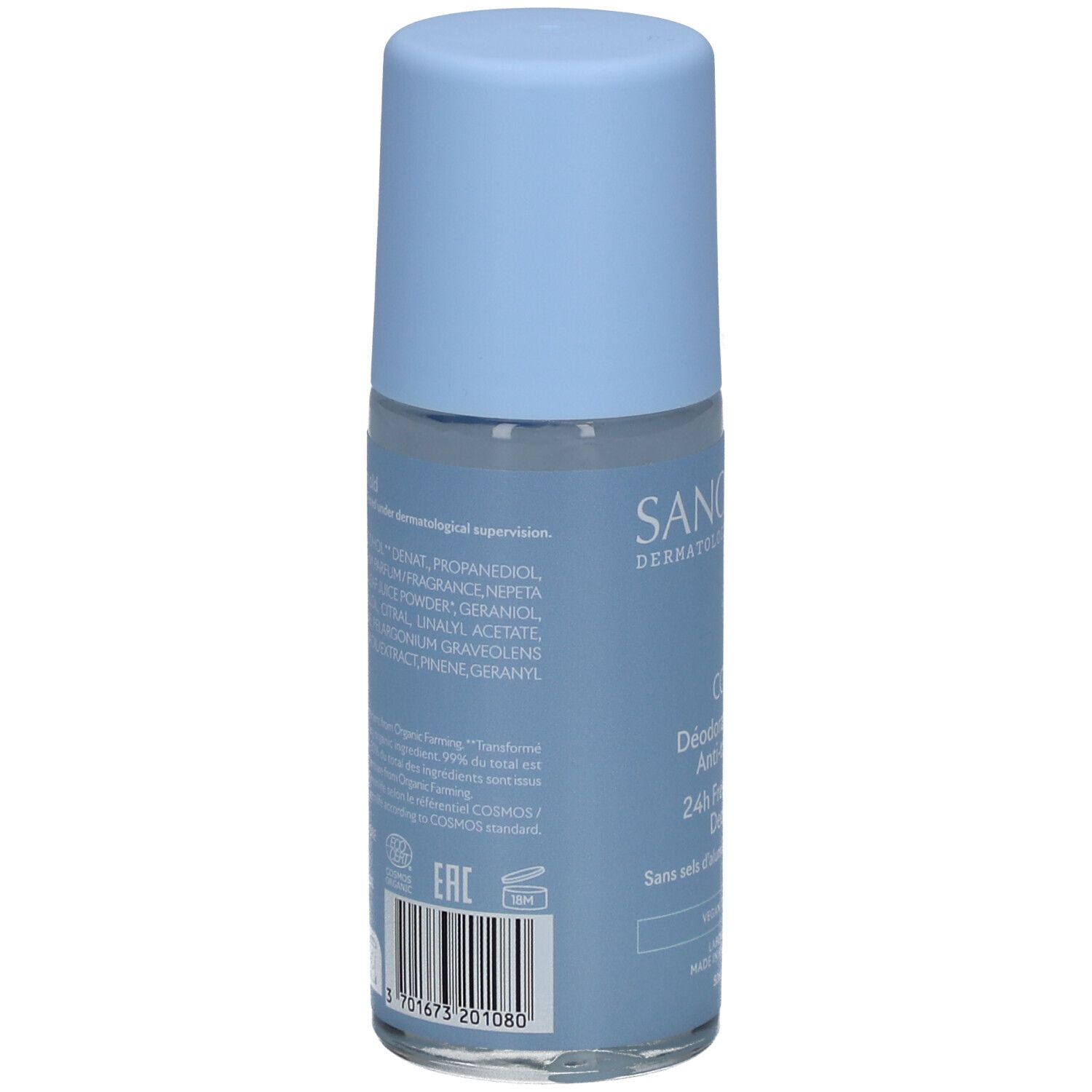 Dos du déodorant roll-on bleu clair. Texte: ingrédients, certification COSMOS, code EAN, informations fabricant.