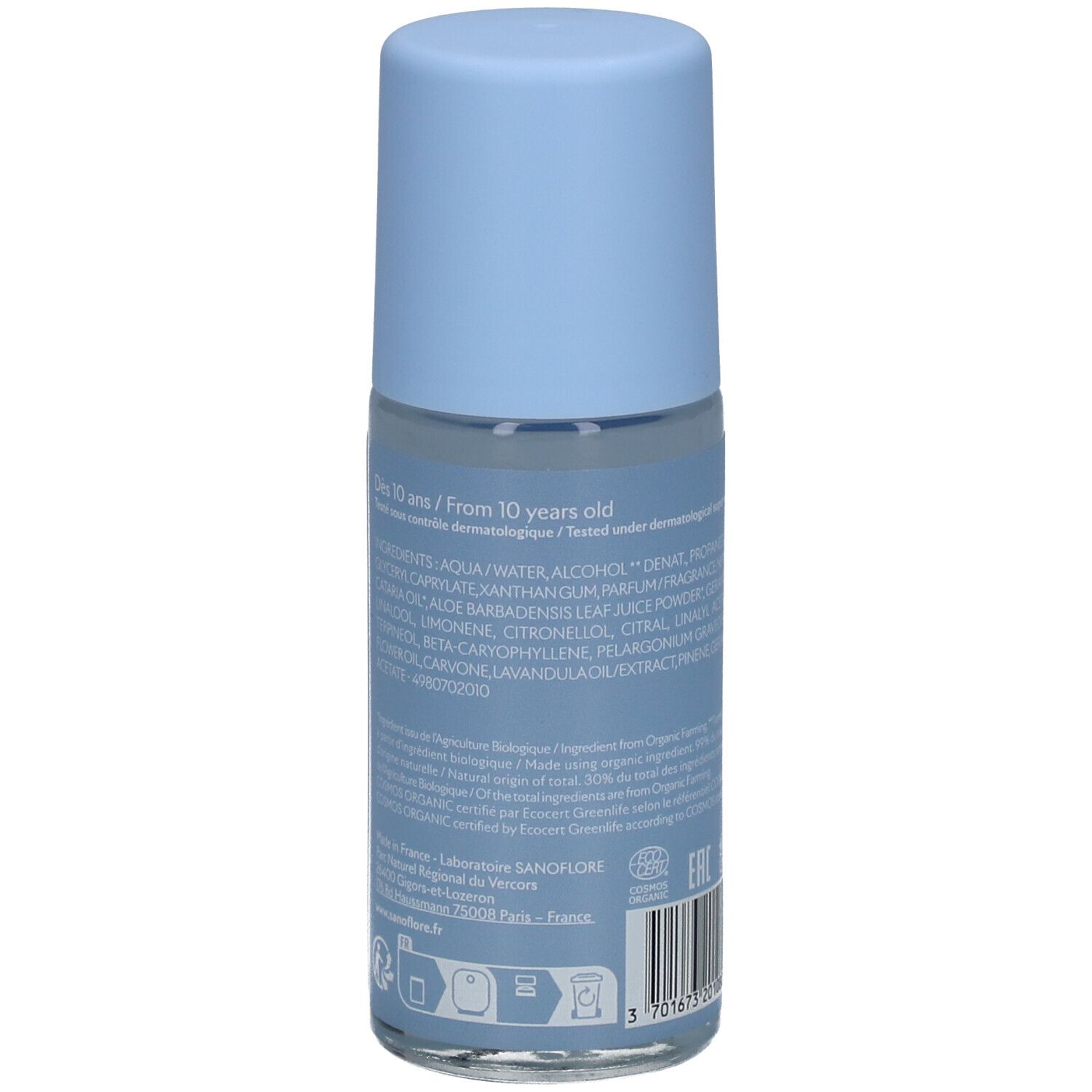 Dos du déodorant roll-on bleu clair. Texte: ingrédients, certification COSMOS, informations fabricant, code EAN.