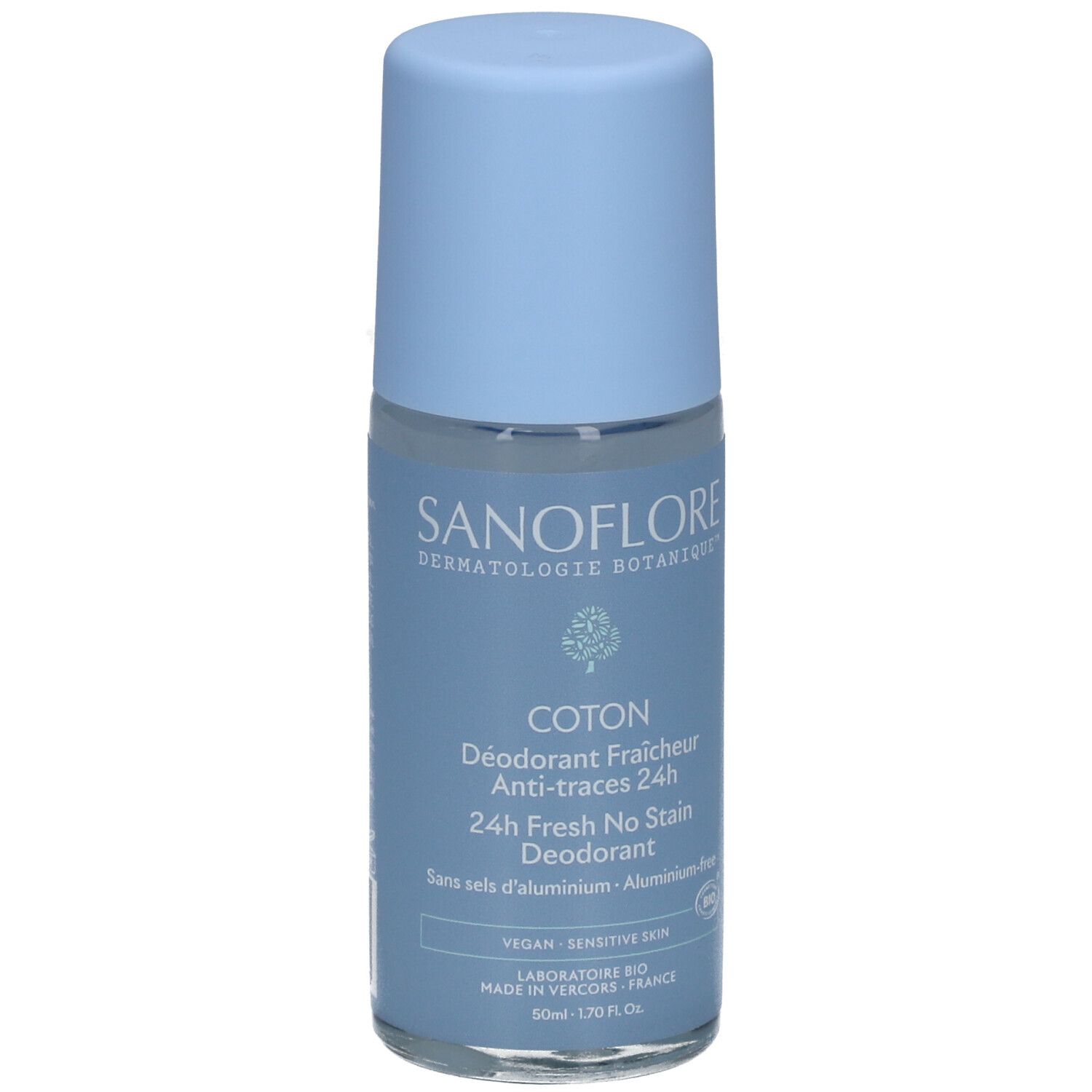 Déodorant roll-on bleu clair. Inscriptions: SANOFLORE, COTON, 24h Fresh No Stain Deodorant. Vegan, peau sensible.