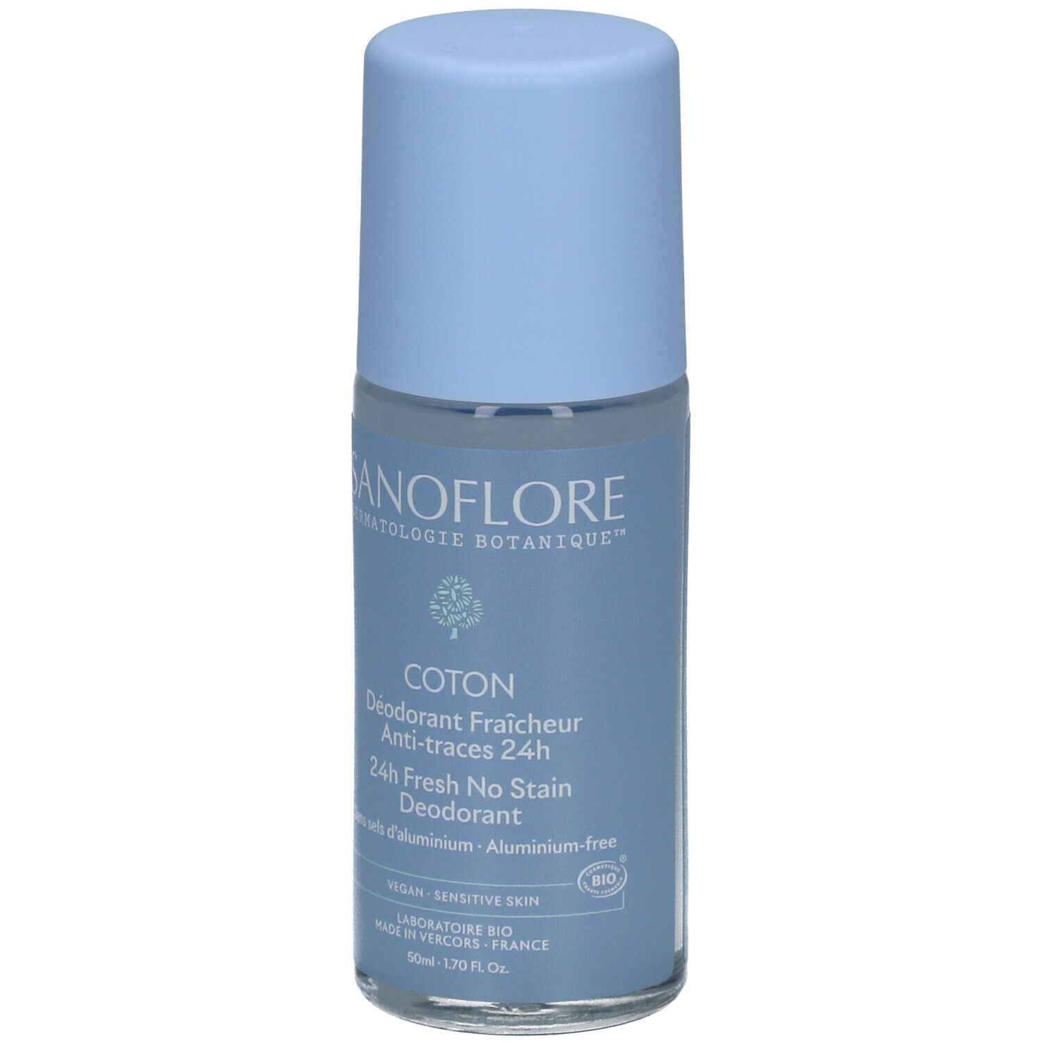 Déodorant roll-on bleu clair. Inscriptions: SANOFLORE, COTON, 24h Fresh No Stain Deodorant. Vegan, peau sensible.