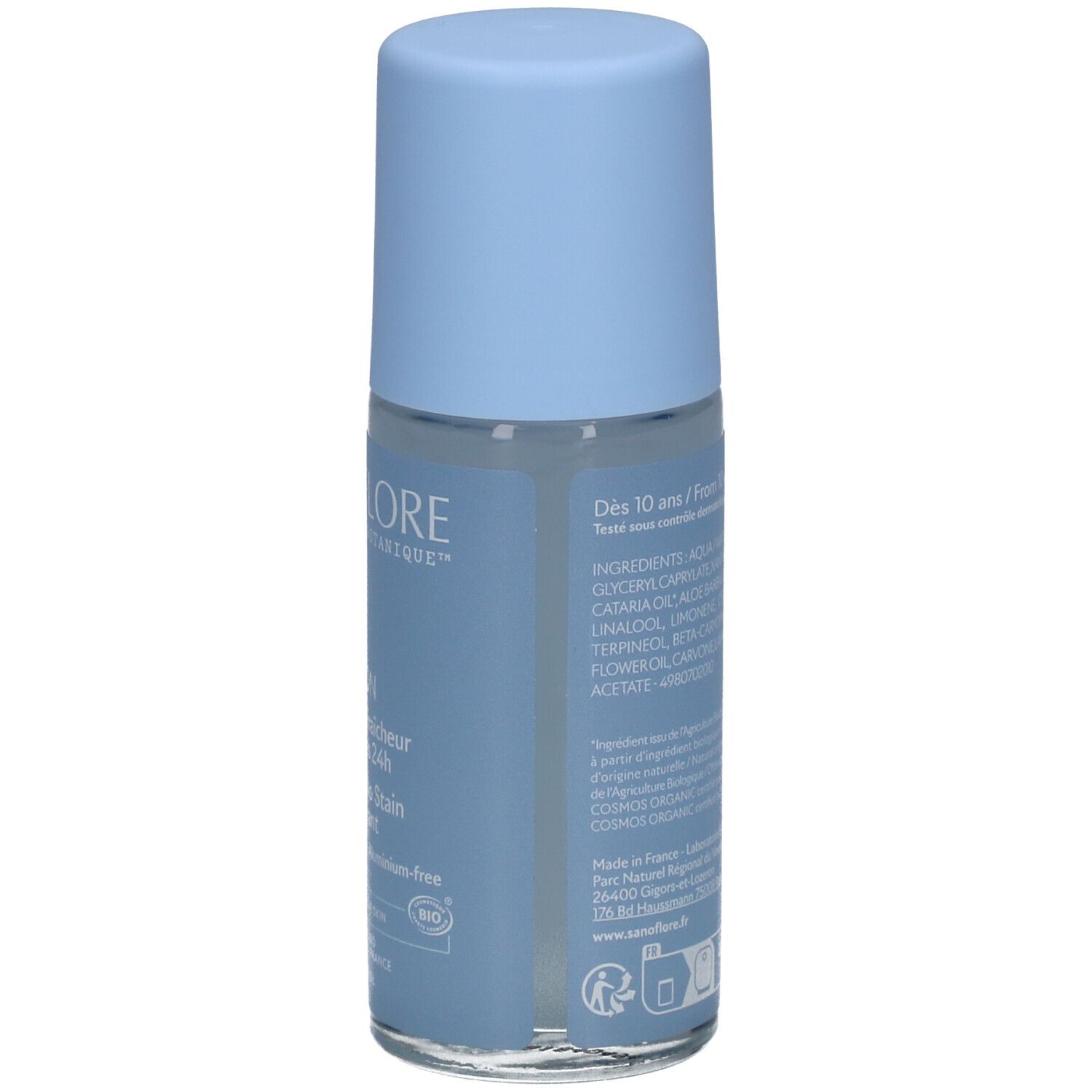 Dos du déodorant roll-on bleu clair. Texte: ingrédients, certification COSMOS, informations fabricant, code EAN.