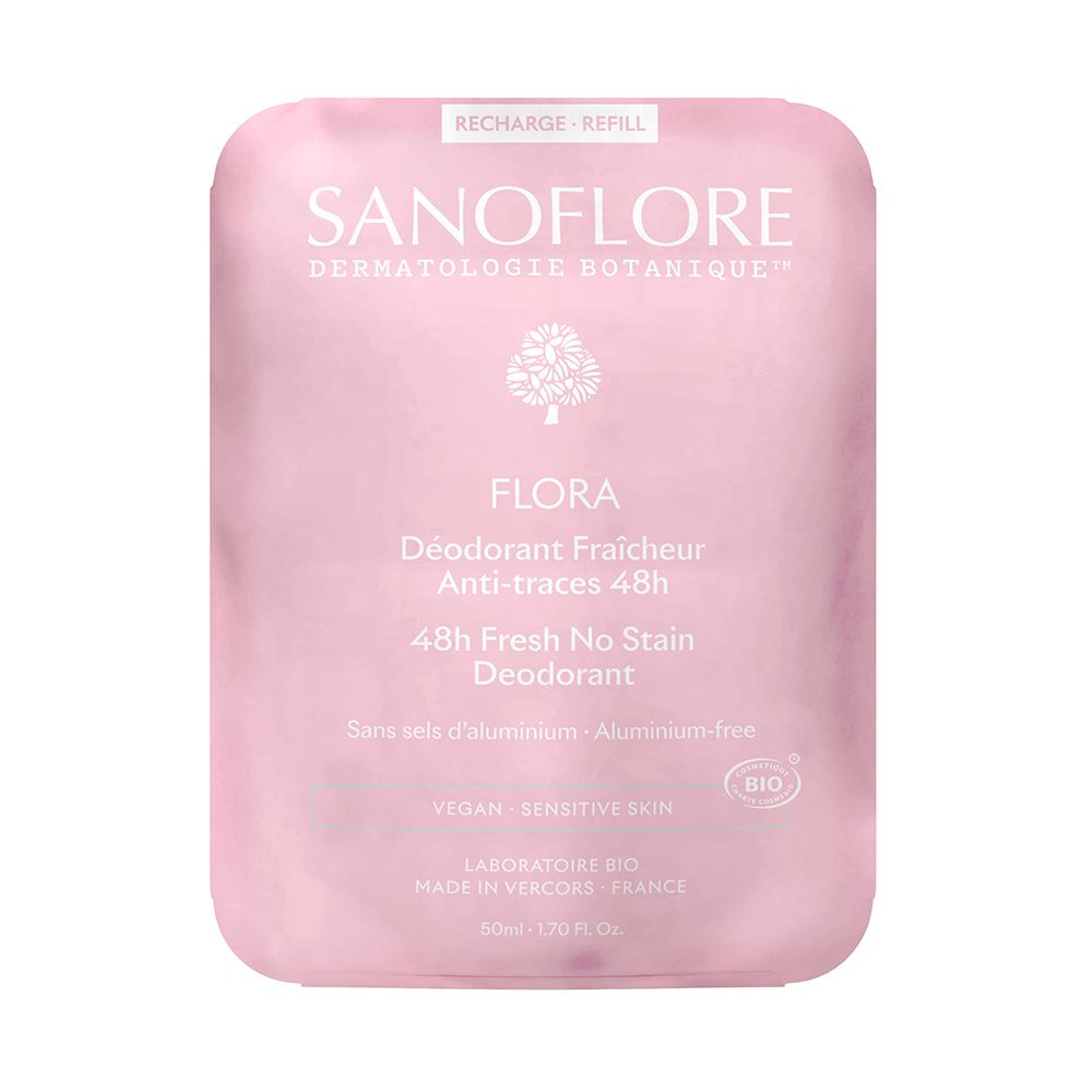 Recharge rose Sanoflore Flora Déodorant 48h sans sels d'aluminium. Certifié bio.