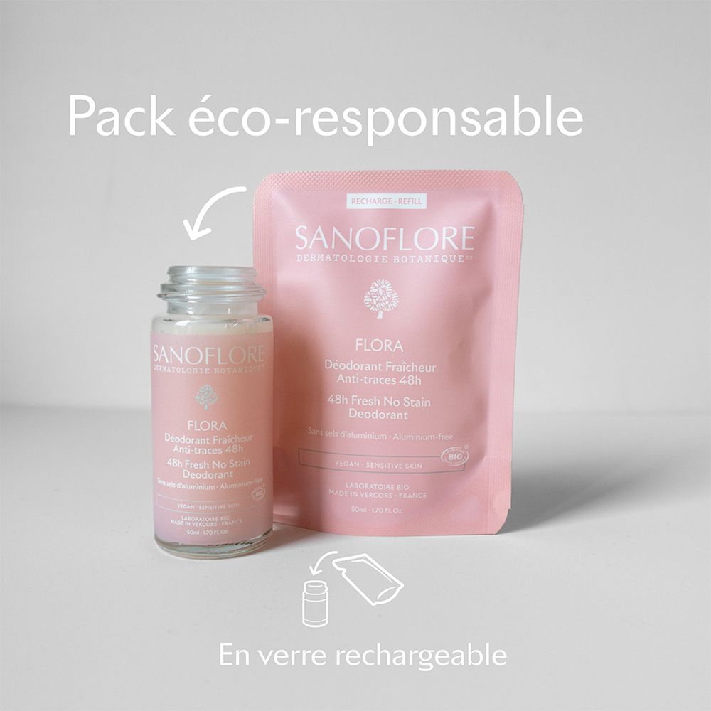 Déodorant Sanoflore Flora et recharge. Flacon en verre et sachet. Emballage éco-responsable.