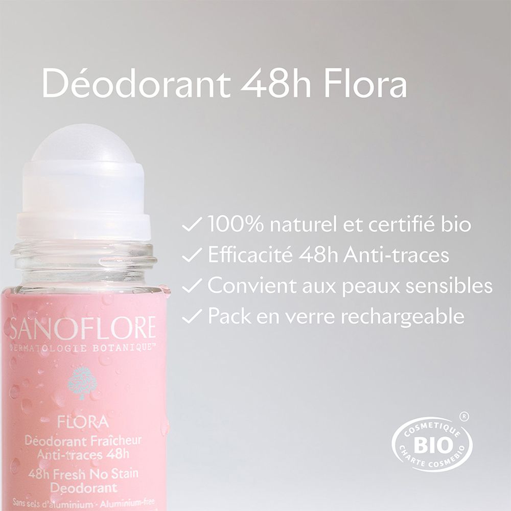 Roll-on déodorant Sanoflore Flora. 48h, sans aluminium. Certifié bio. Peaux sensibles.