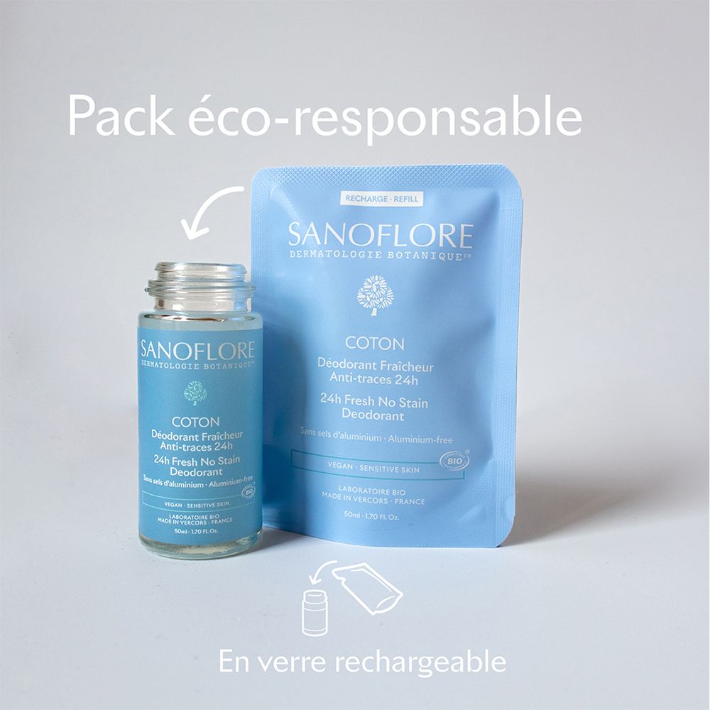Sanoflore Bio-Deo Coton et recharge. Flacon en verre et sachet de recharge côte à côte.