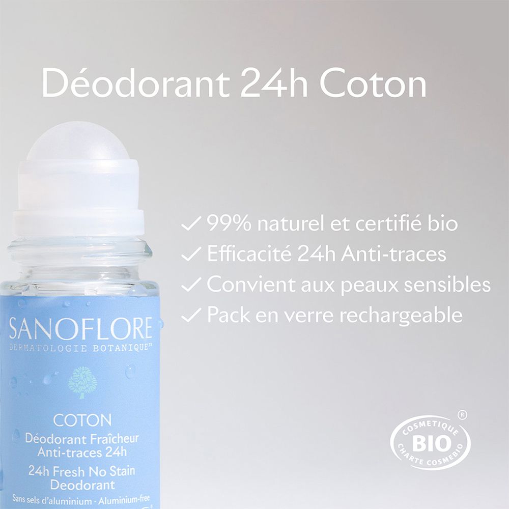 Roll-on Sanoflore Bio-Deo Coton. Informations produit et certification bio. 99% naturel.